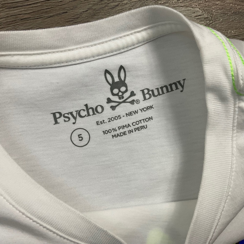 Psycho Bunny Pima Cotton Graphic Skull T-Shirt Mens 5 White Neon Medium Tennis - Picture 4 of 8